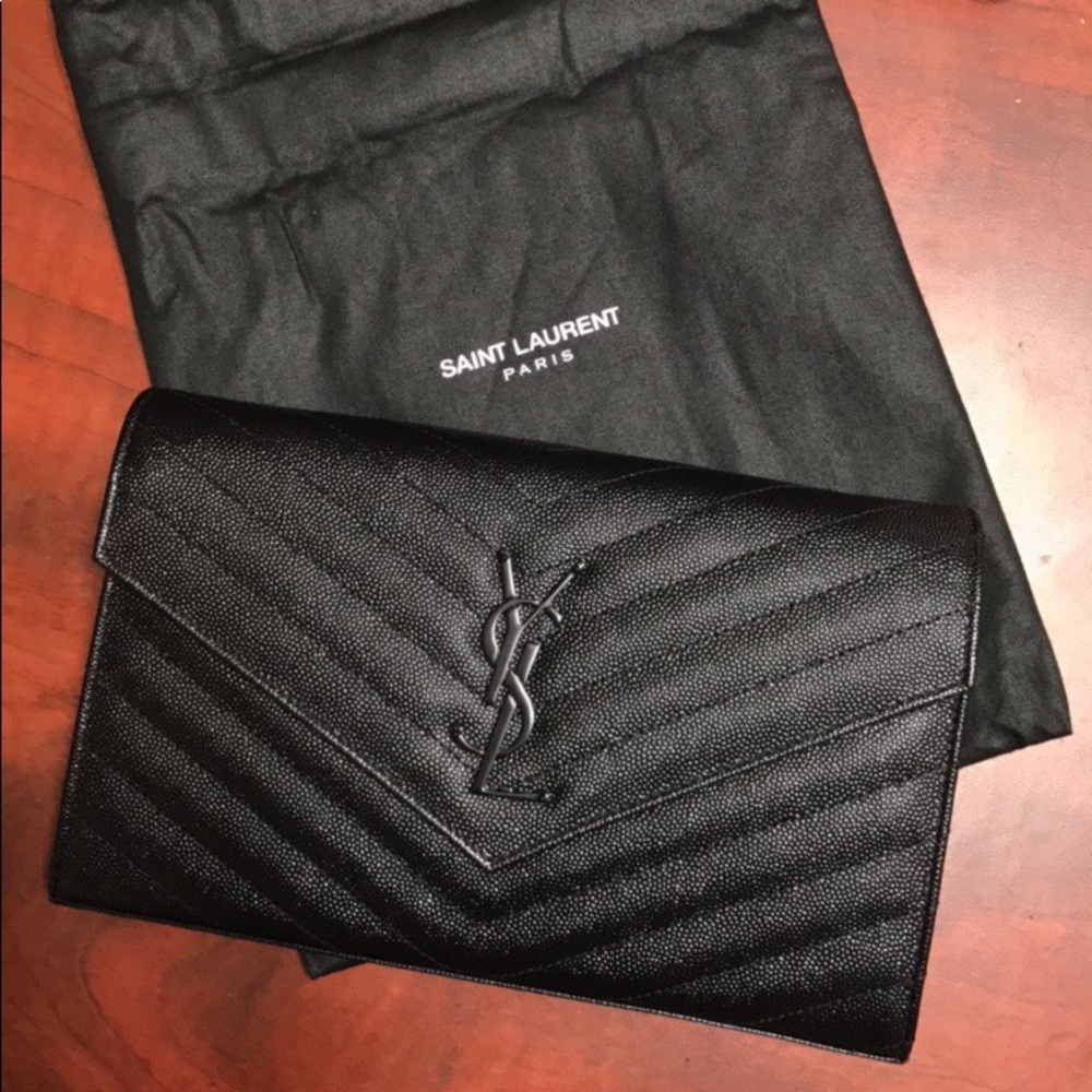 YSL Black MONOGRAM CHAIN WALLET IN GRAIN DE POUDRE